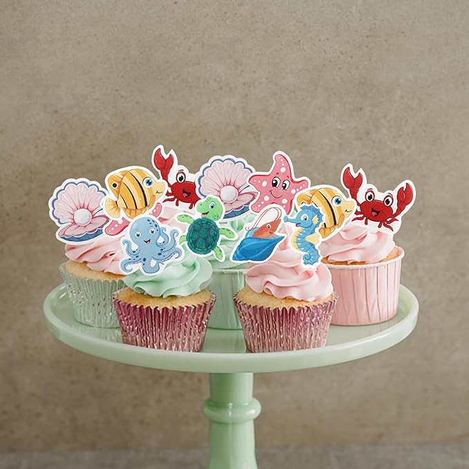 Rsstarxi 56 Pack Edible Ocean Animal Cupcake Toppers Sea Ocean Theme Birthday Cake Decorations Turtles Octopus Seahorse Cupcake Picks for Under the Sea Theme Baby Shower Birthday Party Decorations