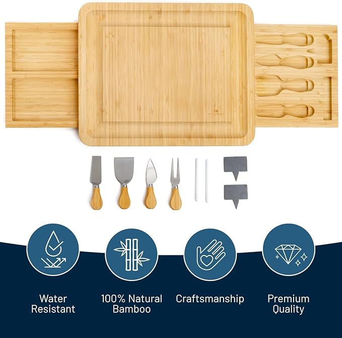 RoyalHouse Unique Bamboo Cheese Board and Knife Set with 2 Slide-Out Cutlery Drawers - Charcuterie Boards Set & Cheese Platter - Ideal Anniversary, Wedding and Housewarming Gift