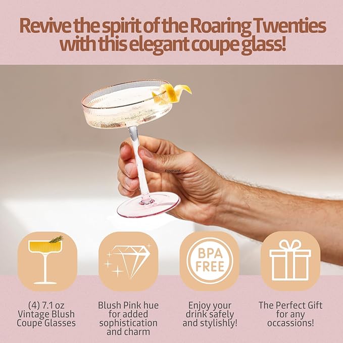 Khen Ribbed Vintage Art Deco Coupe Glasses - Martini, Champagne & Cocktail Ribbed Glasses 8oz | Crystal Ripple Goblet Glassware Set, Pink Gilded, 4 Pieces, Housewarming Gift