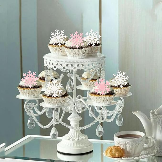 60 PCS Edible Snowflake Cupcake Toppers Snowflake Frozen Party Cake Decorations Edible Snowflake Cupcake Picks for Christmas Winter Frozen Theme Baby Shower Birthday Party Supplies White Pink