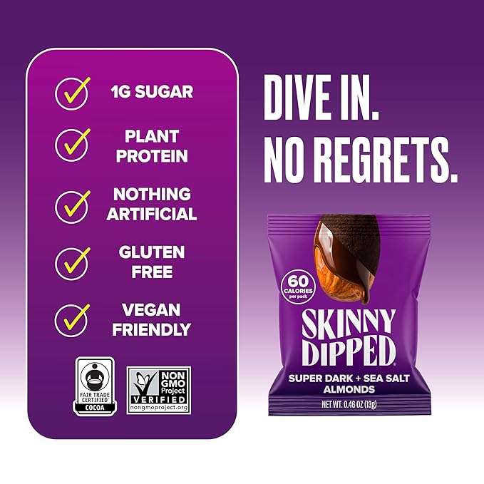 SkinnyDipped Super Dark Chocolate + Sea Salt Almonds, Vegan, Healthy Snack, Plant Protein, Gluten Free, 0.46 oz Mini Bags, Pack of 24