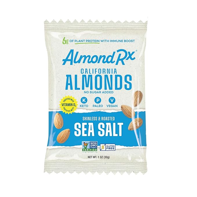 AlmondRx | Heart Healthy Skinless Lightly Salted California Almond Snack Packs | Fortified with Vitamin D | Plant Protein | Keto | Vegan | No Sugar Added (48 Pack, Sea Salt)
