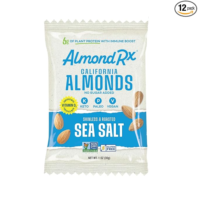 AlmondRx | Heart Healthy Skinless Lightly Salted California Almond Snack Packs | Fortified with Vitamin D | Plant Protein | Keto | Vegan | No Sugar Added (12 Pack, Sea Salt)
