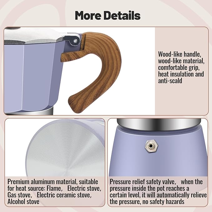 3 Cup Aluminum Moka Pot Purple Classic Stovetop Espresso Coffee Maker 150ml 5oz Coffeemaker Percolator Mocha Pot Greca Coffee Maker Cafe Makers for Italian and Cuban Cafì±?Brewing Purple