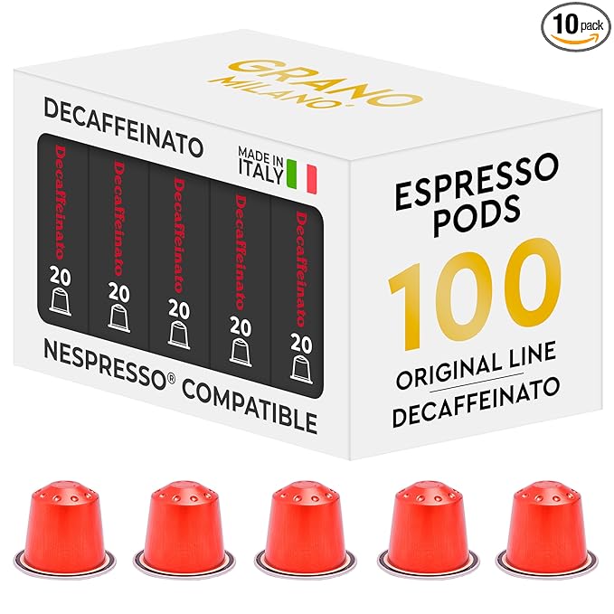 Grano Milano - Aluminum Coffee Pods Compatible with Nespresso®* Original Line Machines (Decaffeinato., 100 Pods)
