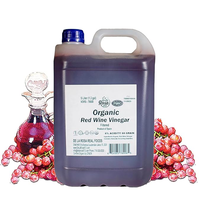 De La Rosa Organic Red Wine Vinegar, Filtered, Kosher for Passover, Vegan, Non-GMO & Gluten Free, Great for Salad Dressings, Marinades & More, Organic Red Wine Vinegar, 5 Liter (Pack of 1)