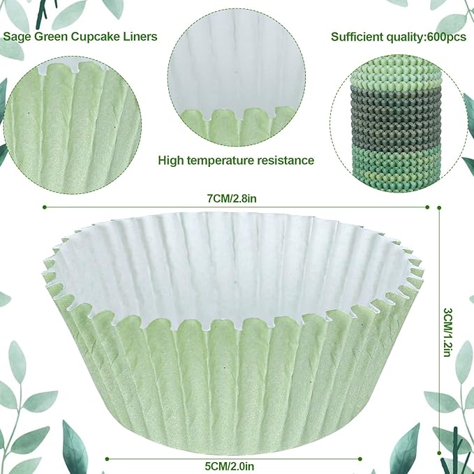Whaline 600Pcs Green Cupcake Liners Sage Green Dark Green Light Green Baking Cups Gradient Green Wedding Cupcake Wrappers for Wedding Bridal Baby Shower Birthday Party