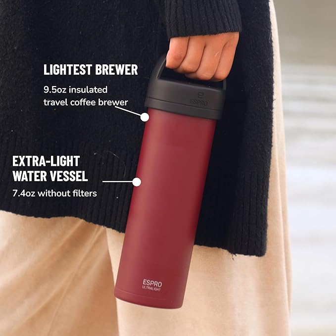 ESPRO P0 Ultralight French Press Coffee Maker for Travel, Vacuum Insulated Stainless Steel, 16 Ounces, Cranberry