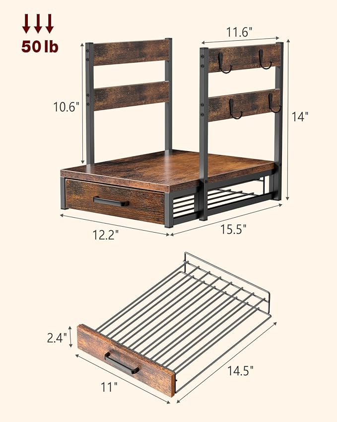 Coffee Pod Drawer Compatible with Nespresso Original Line, 63 Pods Coffee Organizer with Cup Holder, Durable Coffee Maker Stand with Storage Drawer, Rustic Brown