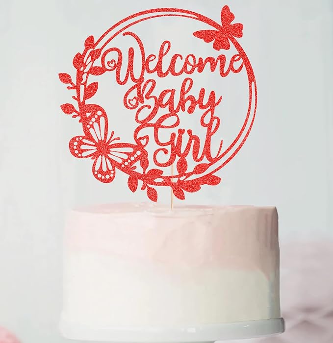 Welcome Baby Girl Cake Topper - Red Glitter Baby Shower Cake Decorations, Baby Girl Cake Decor, for Baby Shower/Birthday Party/Gender Reveal Party Photo Booth Props