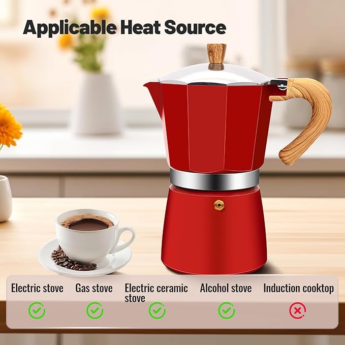 12 Cup Aluminum Moka Pot Classic Stovetop Espresso Coffee Maker 600ml 20oz Coffeemaker Percolator Mocha Pot Greca Coffee Maker Cafe Makers for Italian and Cuban Cafì±?Brewing Red