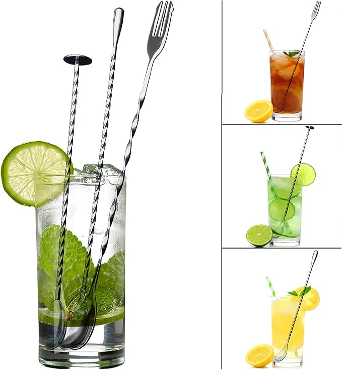 JETKONG 3 Pcs Cocktail Mixing Spoons 12-Inch Bar Spoon Long Stirring Spoon Drink Stirrers Cocktail Spoons for Tea, Coffee, Ice Cream, Juice, Drinks, Milkshakes