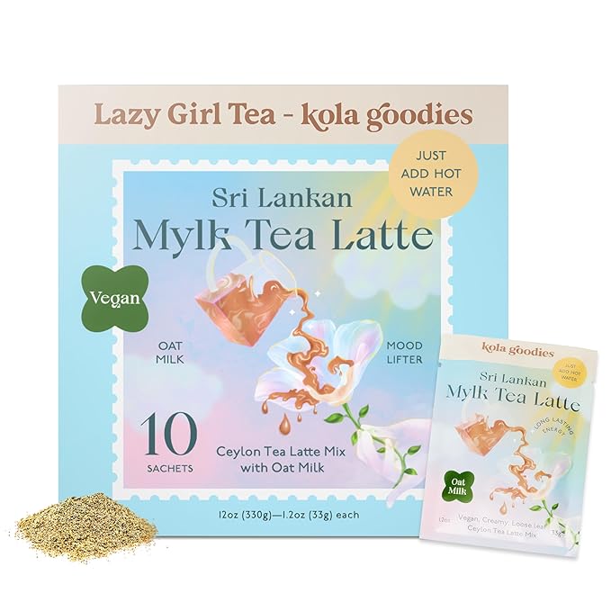 Kola Goodies - Oat Milk Tea Latte - Vegan - Mood Lifter w/Low Caffeine - Made with Loose Leaf Ceylon Tea, Oat Milk Powder, Monk Fruit Sweetener & Raw Coconut Sugar - Ready in 3 Minutes - 10 Sachets