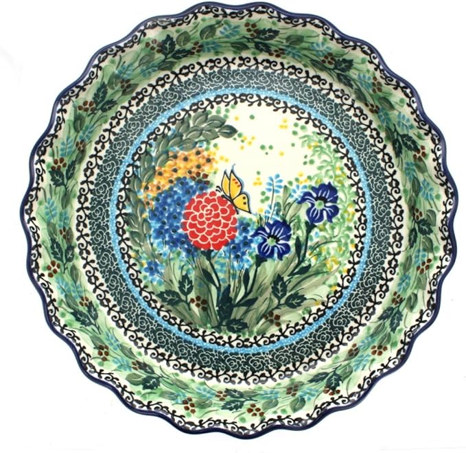 Blue Rose Polish Pottery - Blue Teresa Pie Plate - 10" Diameter - Ceramic Baking Dish, For Pies, Quiches & Desserts