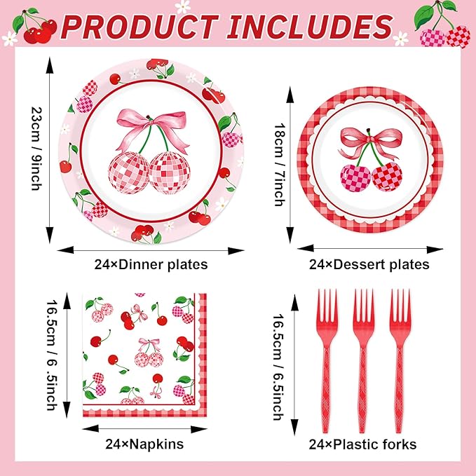 96Pcs Cherries Theme Plates and Napkins Pink Bow Cherry Birthday Party Decoration Disco Ball Disposable Dessert Cake Plates Cherries Paper Dinner Tableware for 24 Guests Girls Boys Kids Party Supplies
