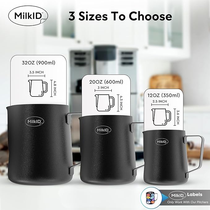 Milk Frothing Pitcher with 8 Allergen Silicone Snap-On Labels | Must-Have Barista Tool | Coffee Bar Accessories & Espresso Accessories Kit | (12oz / Black Pitcher + Labels)