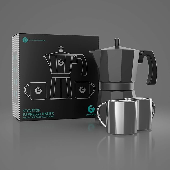 Coffee Gator Moka Pot - 6 Cup, 12oz Stovetop Espresso Maker - Classic Italian and Cuban Coffee Percolator w/ 2 Stainless-Steel Cups ??Matte Grey Aluminum, 360ml