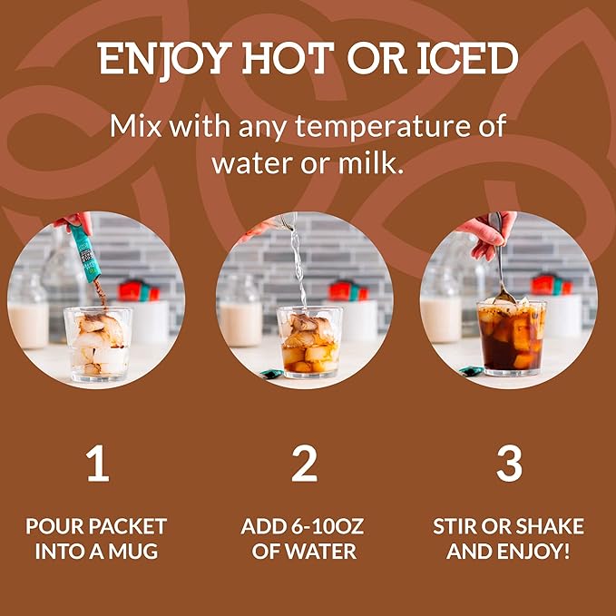 Cusa Tea & Coffee, Mocha Cold Brew. Premium Instant Coffee, Rainforest Alliance Certified Arabica Beans. Drink Mix Packets Ready in Seconds, Makes Hot or Iced Coffee (30 Servings)