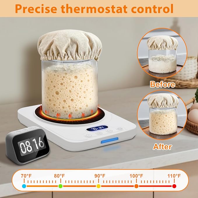 Sourdough Starter Warmer – Precise Thermostat (70-110°F), Intelligent Memory & 24H Timer Function for Home Baking & Fermented Dough (White)