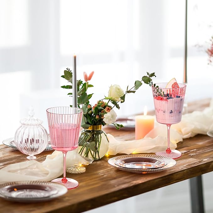 12 PCS Pink Plastic Wine Glasses with Removable Stems 13.5 Oz Pink Ribbed Wine Glasses Square White Wine Glass Muted Pastel Colors Goblets Elegant Fluted Glassware for Wedding Anniversary Birthday