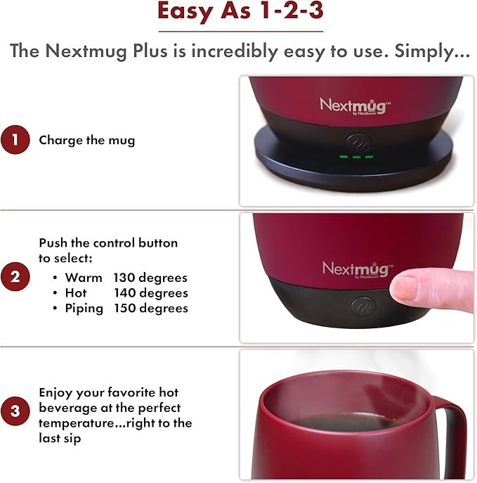 Nextmug Plus - Temperature-Controlled, Self-Heating Coffee Mug (Burgundy - 18 oz.)