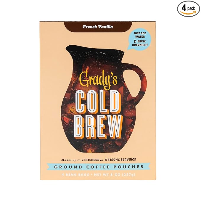 GRADY’S COLD BREW, French Vanilla, 100% Arabica Ground Coffee & Chicory Pouches, ONE Box with 4 Easy-to-Brew Bean Bags, Makes 12 drinks