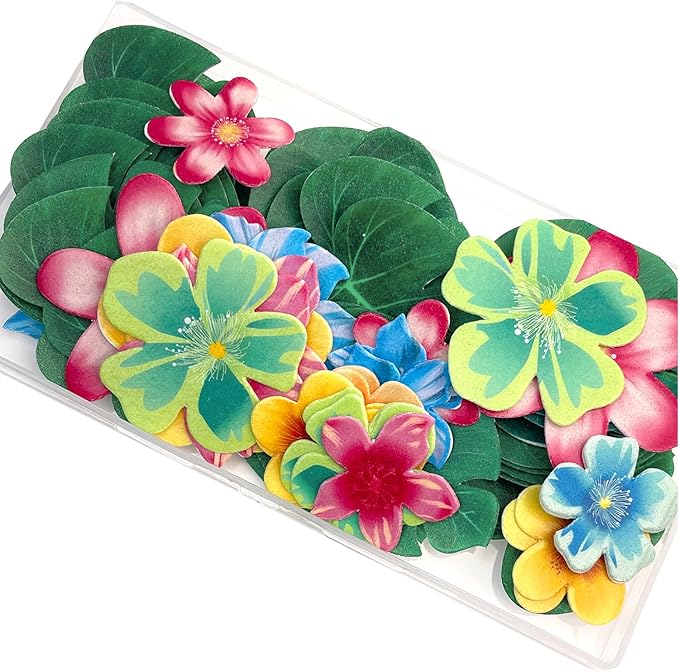 88 pieces of edible green leaf cake decorations, mixed leaf and flower cupcake decorations for Hawaiian themed festive wedding birthday party supplies.