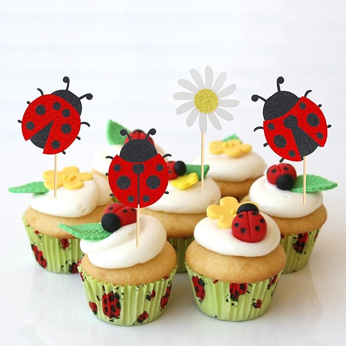 24Pcs Ladybug Cupcake Toppers Flowers Insects Cupcake Picks Garden Theme Baby Shower Kids Birthday Party Cake Decorations Supplies