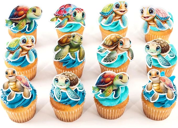 40 PCS Edible Turtles Cupcake Toppers for Baby Wafer Paper Sea Animals Baby Shower Party Picks for Drink Topper Sea Animals Theme Baby Shower Kids Birthday Party Supplies