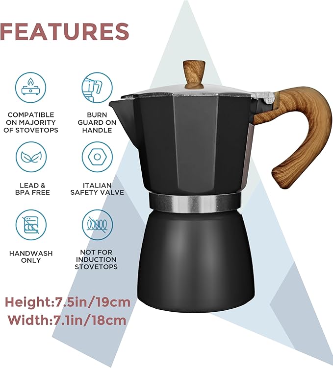 AGOGO Milano Moka Pot, Stovetop Espresso Maker, Greca, Coffee Percolator, Turkish Coffee Maker with Paper Filter 6 Cup Black