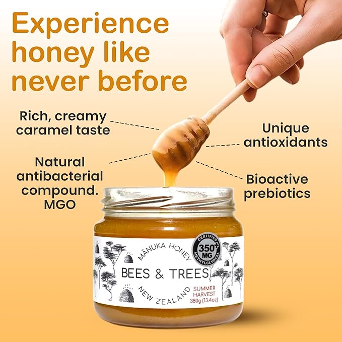 Bees & Trees Manuka Honey 350+ MGO – Pure New Zealand Raw Monofloral Honey – Unpasteurized & Natural – 380g (13.4oz) Glass Jar – Perfect for Coffee, Tea & Daily Wellness
