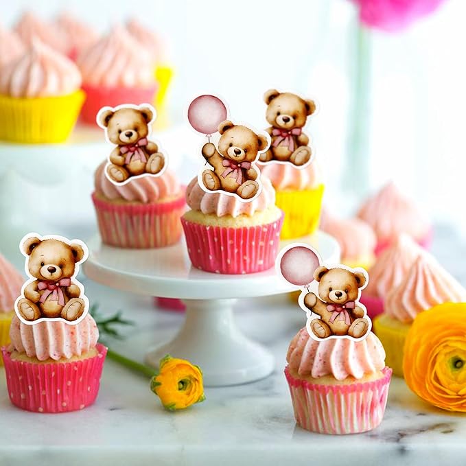 40 PCS Edible Wafer Paper Baby Shower Bear Cupcake Toppers Drink Topper Selection Baby Bear Theme Baby Shower Decorative Supplies Jungle Animal Theme Birthday Party Cake Decorative Supplies Pink