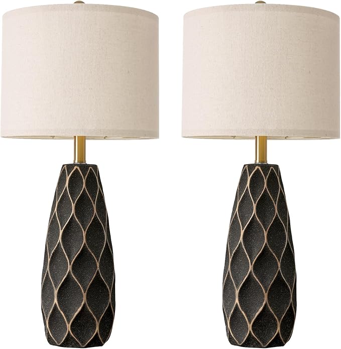PORTRES 27.5" Ceramic Table Lamps for Bedroom Living Room Lamps Set of 2 Modern Bedside Nightstand Lamp Farmhouse Vintage Rustic Boho Retro Large Table Lamps Light Home Office Desk Deco Gifts, Black