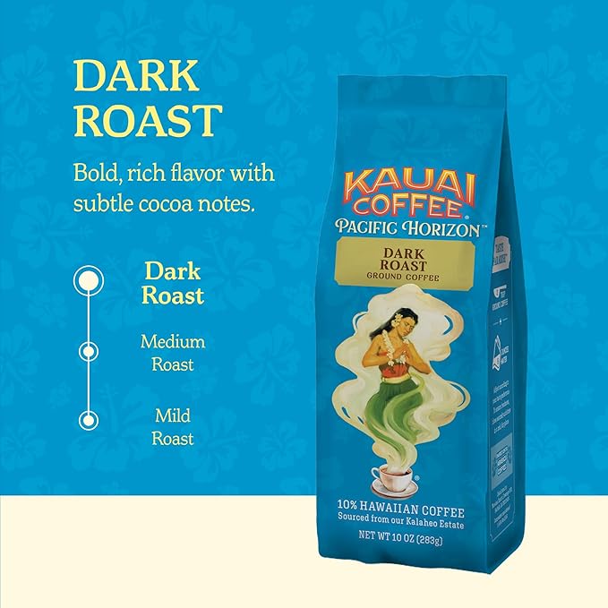 Kauai Coffee Ground Coffee ??Smooth, Rich, Dark Roast ??Nutty Notes with Chocolate Overtones ??Arabica Coffee, 10% Hawaiian with No Bitterness ??Koloa Estate, 1 Pack of 10oz