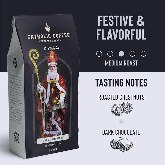 Catholic Coffee St. Nicholas Christmas Blend | Medium Roast Ground Coffee ??Roasted Chestnut & Dark Chocolate Notes | 12oz Bag ??Festive Catholic Gift for the Holiday Season