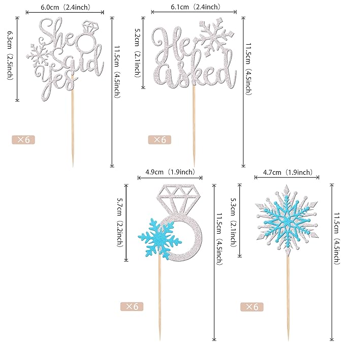 24 PCS He Asked She Said Yes Cupcake Toppers Glitter Diamond Ring Snowflake Cupcake Picks Bridal Shower Cake Decorations for Winter Wonderland Wedding Engagement Party Cake Decorations Supplies