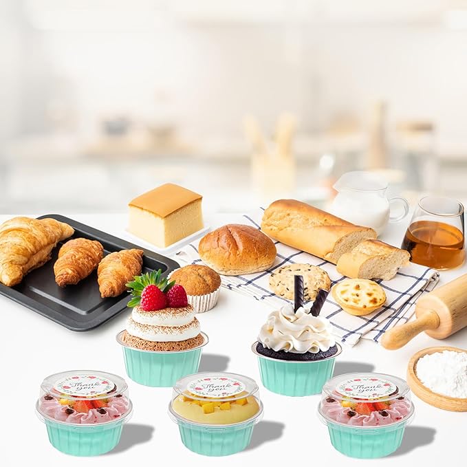 100 PCS Mini Cake Pans with Lids and 100 PCS Spoons,Aluminium Foil Baking Cups, 5 oz Disposable Baking Cups Foil Ramekins For Party Birthday Wedding Valentines (cyan blue)