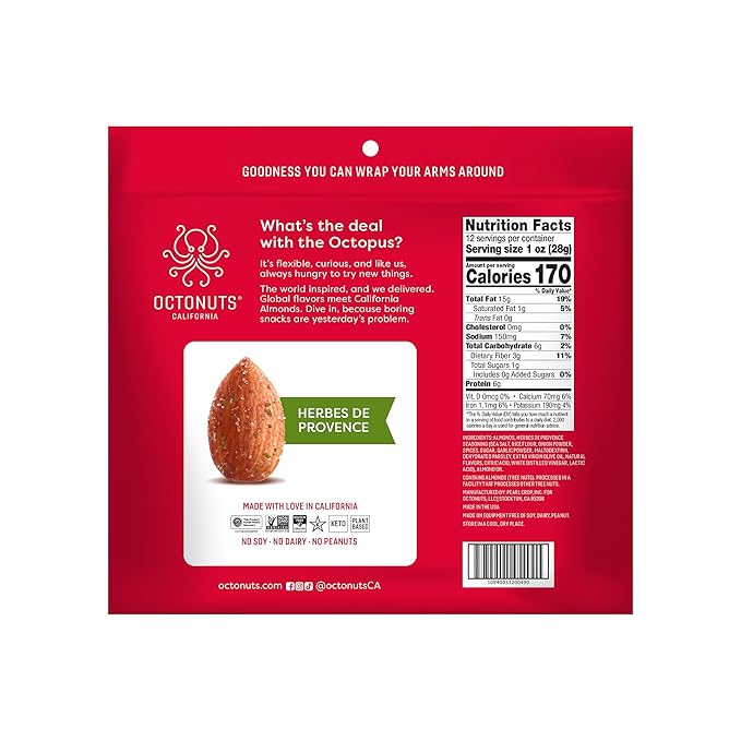 Octonuts Herbs de Provence Almonds – 12 Individually Wrapped Snack Packs (1oz Each), Healthy Snacks for Adults and Kids, Non-GMO, Keto and Gluten-Free, Roasted in Cold Pressed Olive Oil