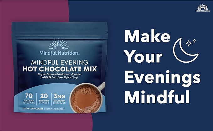 Mindful Evening Cocoa Mix Natural Sleep Aid, Melatonin 3mg, L-Theanine, GABA Supplements, Natural Calm Sleep Support Jet Lag Relief Stress Relief Calm Sleepy Cocoa Nighttime Hot Chocolate