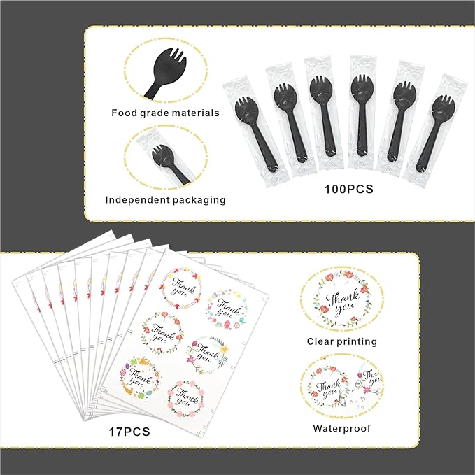 100 PCS Mini Cake Pans with Lids and 100 PCS Spoons,Aluminium Foil Baking Cups, 5 oz Disposable Baking Cups Foil Ramekins For Party Birthday Wedding Valentines (Black)