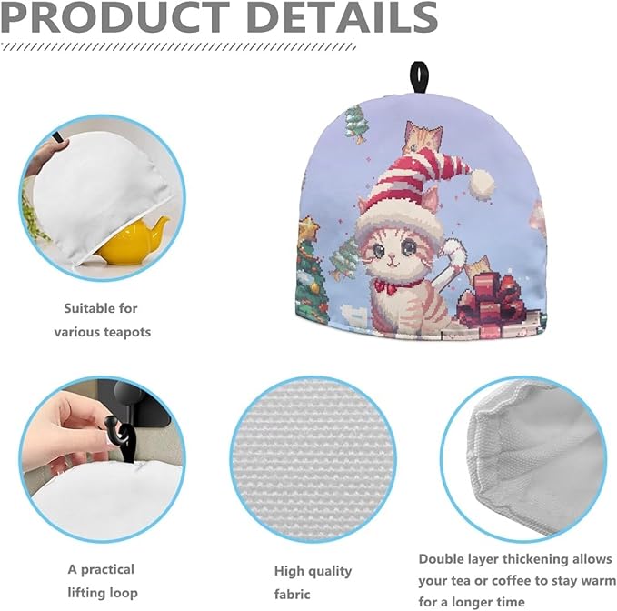 Christmas Cat Tea Pot Cozy for Keeping Warm Teapot Insulation Cover for Home Decor Teapot Cover Cartoon Tea Kettle Dust Cover for Quilt Creative Gifts for Women Wife Mom