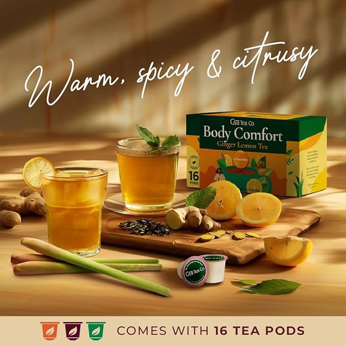 Gya Tea Co Lemon Ginger Tea Gift Set (16 ct) - Decaf Tea Pod Rich in Lemongrass, Blackberry, Linden Leaves, L-Theanine & Ginger for Body Comfort & Soothing