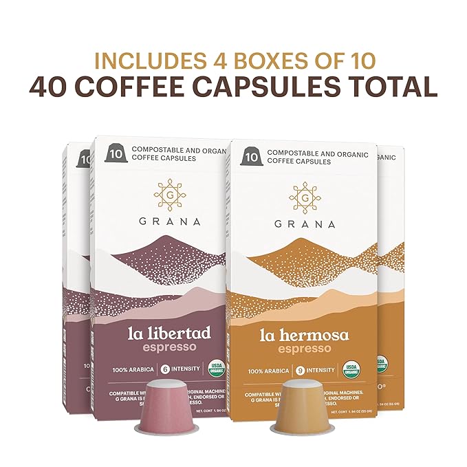 G GRANA Coffee Pods, Compatible with Nespresso OriginalLine, 40 Count, Dark and Medium-Dark Roast, USDA Organic 100% Arabica Single Source Specialty Coffee, Compostable Single Serve Capsules