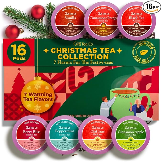Gya Tea Co Christmas Collection Tea Gift Set (16 ct) - Assorted Tea Pod Variety Pack with 7 Warm Flavors with Vanilla Chai, Peppermint, Berry Bliss, black, Cinnamon apple & Orange