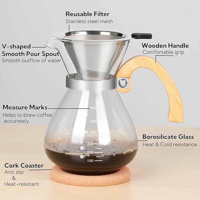 Pour Over Coffee Maker Set, with Double-Layer Stainless Filter and Wooden Handle, 20 oz 600ml Thickened Borosilicate Glass Pour Over Coffee Dripper for Home Caf챕