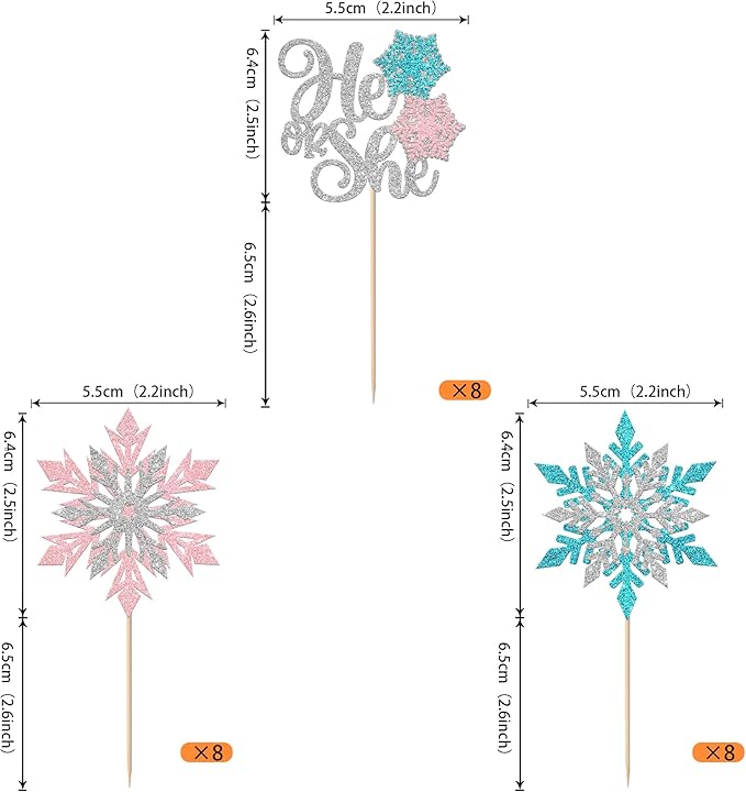 Rsstarxi 24 Pack Snowflake Gender Reveal Cupcake Toppers Pink Blue Glitter He or She Cupcake Picks Winter Snowflake Cake Decorations for Winter Wonderland Birthday Baby Shower Party Supplies