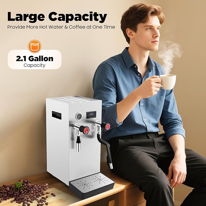 YIYIBYUS Espresso Machine, 110V 8L Commercial Espresso Coffee Milk Foam Maker Stainless Steel Electric Fast Heating Steam Water Boiling Machine with LED Display for Tea Cappuccino Latte Mocha