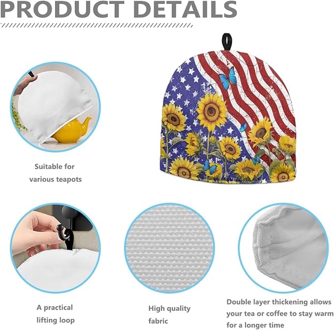 Tea Cozy Portable American Flag Sunflower Print Tea Pot Dust Cover Kitchen Teapot Insulated Scratch-Proof Protector Tea Kettle Cosy Easy Storage