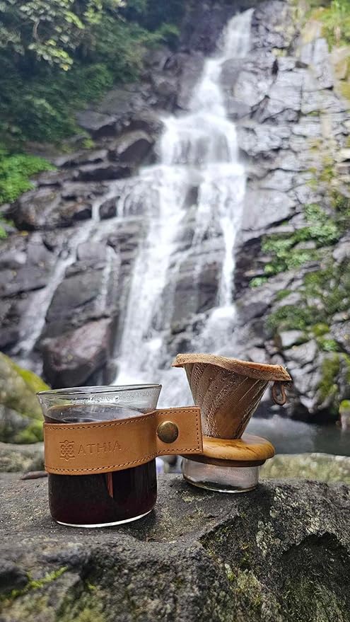 ATHIA glass pour over coffee maker set, minimalist drip coffee maker with reusable cloth filter, glass coffee dripper, walnut lid & leather sleeve for single cup manual brewing (Walnut Wood)