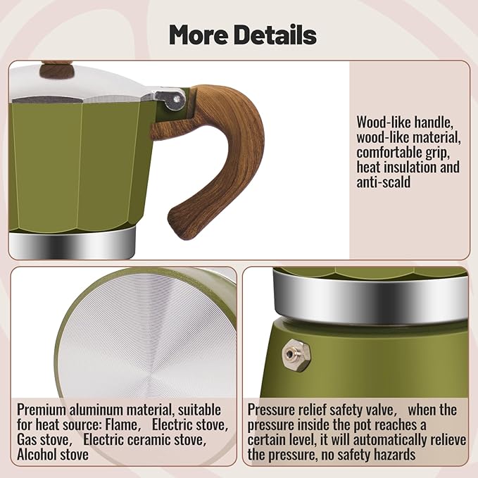 3 Cup Aluminum Moka Pot Classic Stovetop Espresso Coffee Maker 150ml 5oz Coffeemaker Percolator Mocha Pot Greca Coffee Maker Cafe Makers for Italian and Cuban Cafì±?Brewing Green